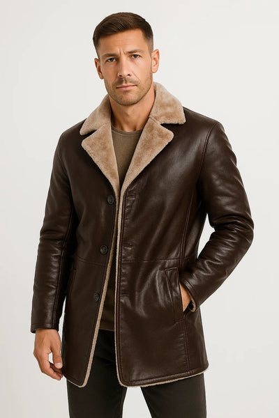 Men’s Longline Faux Leather Jacket with Notch Lapel