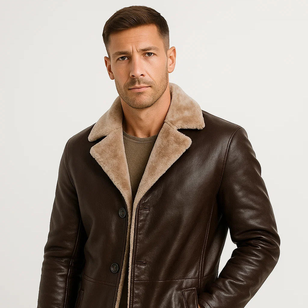 Men’s Longline Faux Leather Jacket with Notch Lapel
