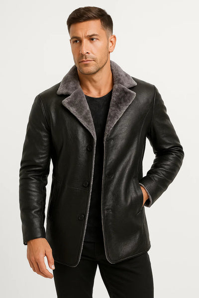 Men’s Longline Faux Leather Jacket with Notch Lapel