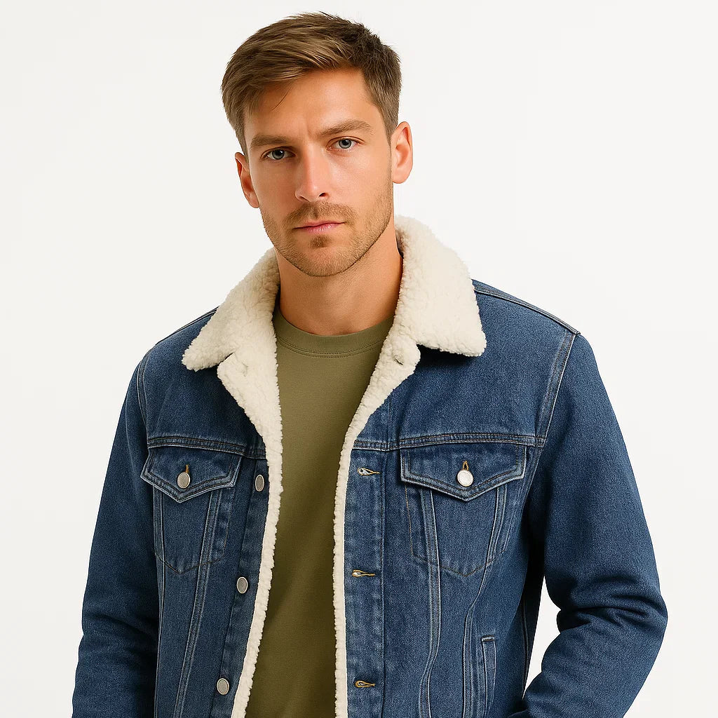 Men's Fleece Jacket Denim Thickened Winter Loose Fit